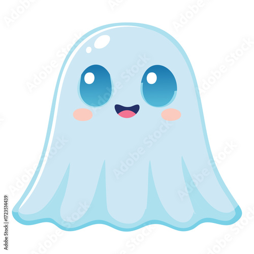 Sweet little baby ghost with big blue eyes and a friendly demeanor, presented with a slight light blue, soft transparency	