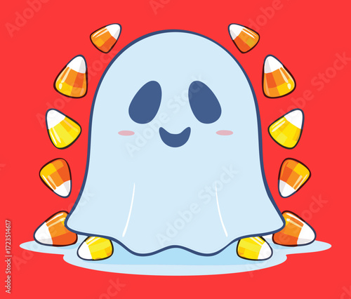 Cheerful cartoon ghost figure covered in a sprinkling of candy corn, ready for a sweet and sugary Halloween celebration	