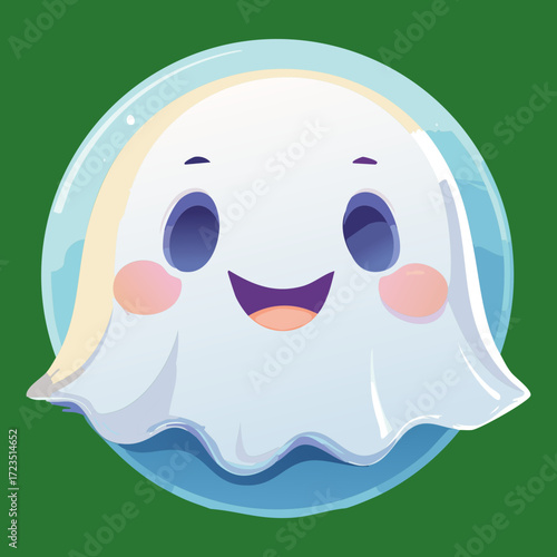 Adorable baby ghost character with a gentle smile and green background, floating happily for a cute Halloween vibe	
