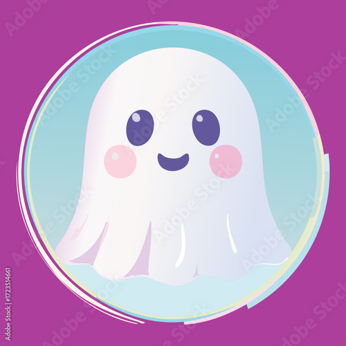 Precious cartoon ghost with a gentle smile and rosy cheeks, contained within a dark purple circular frame on a lighter background	