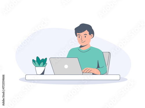 Man working on laptop isolated on white background. concept for landing page design.