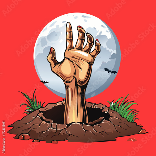 Frightening red and black Halloween illustration of a rotting zombie hand desperately reaching out of a cracked patch of earth	