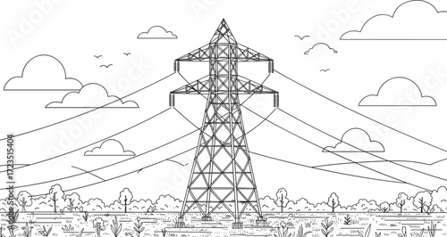 Electric transmission tower illustration, high voltage power lines, rural landscape with pylon, electricity distribution artwork, energy infrastructure concept design