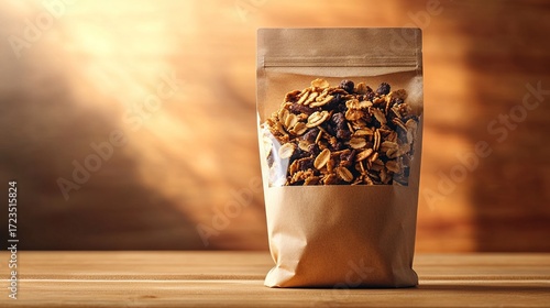 brown paper bag of granola filled with nuts and dried fruits, standing upright on an empty wooden table against a warm background, attractive packaging design for commercial use, copy space