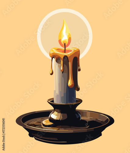 Flickering single brown candle on a shiny black plate, casting a subtle warm glow for an intimate and spooky ambiance	