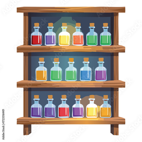 A colorful assortment of magical liquid potions and glowing elixirs are neatly arranged on a rustic wooden shelf for Halloween	