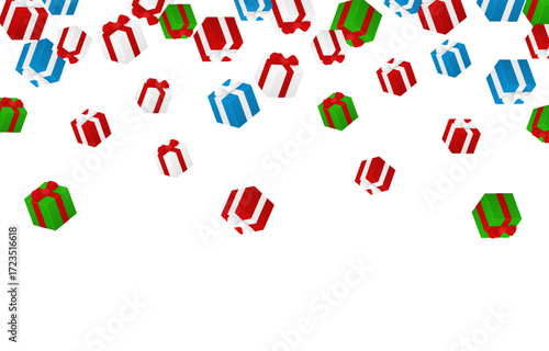 Vector falling gifts PNG. Falling multi-colored gifts on a transparent background. Christmas or New Year gifts. Festive background.