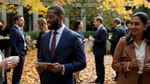General Food & Beverage Business colleagues engaging in outdoor conversation during autumn