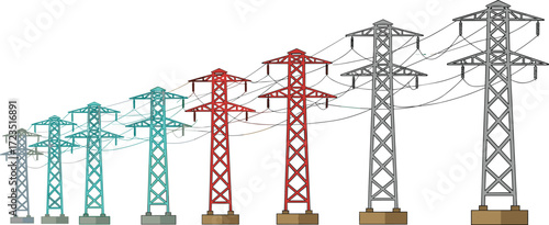 Electric transmission towers, high voltage pylons, colorful power line illustration, energy distribution, electricity infrastructure, renewable energy concept