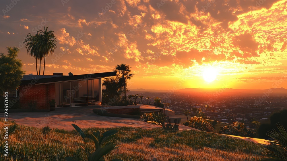 Fototapeta premium rendering realistic 3d ai depiction of a sunset over a home