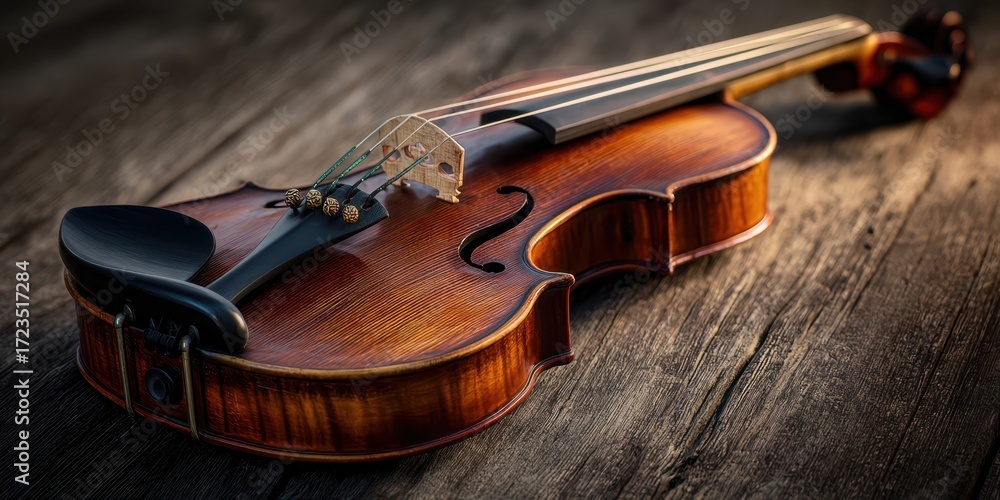 Fototapeta premium The Elegant Violin Resting on a Rustic Wood Surface