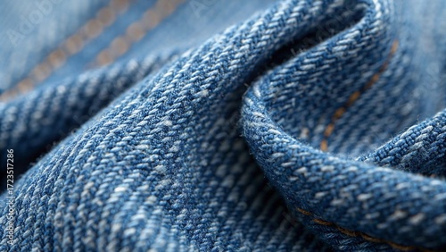 Detailed Close-Up of Denim Fabric with Orange Seams