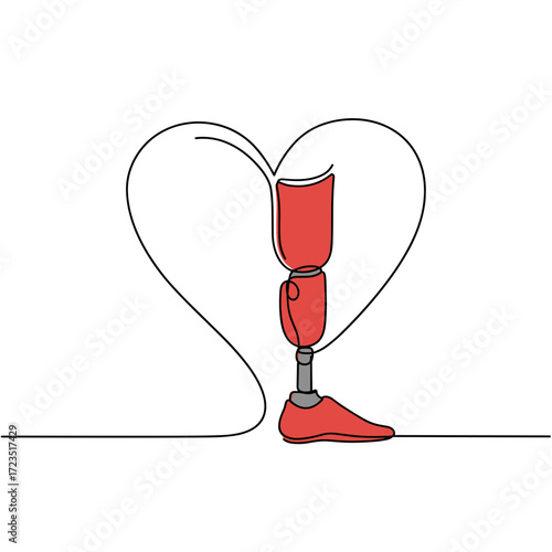Red prosthetic leg forming a heart shape on a white background  