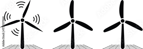 Wind turbine silhouettes on grid base, active and inactive turbines, renewable energy icons, clean electricity generation, sustainable power concept illustration