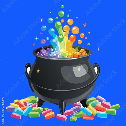 Black witch's cauldron bubbling over with a magical explosion of colorful stars and gold coins, symbolizing wealth, magic, and fantasy	