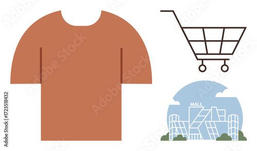 Brown T-shirt, line art shopping cart, and contemporary mall facade. Ideal for fashion, retail, e-commerce, shopping, lifestyle consumer habits urban living. Simple flat metaphor