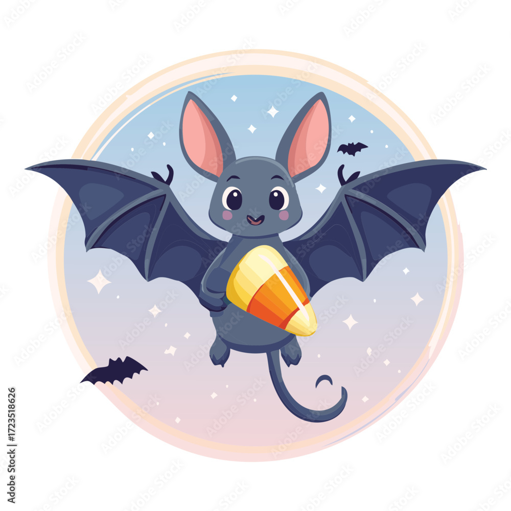 Obraz premium Adorable cartoon bat flying with a candy corn treat, set against a whimsical blue and gray cloudy background, perfect for sweet Halloween designs 