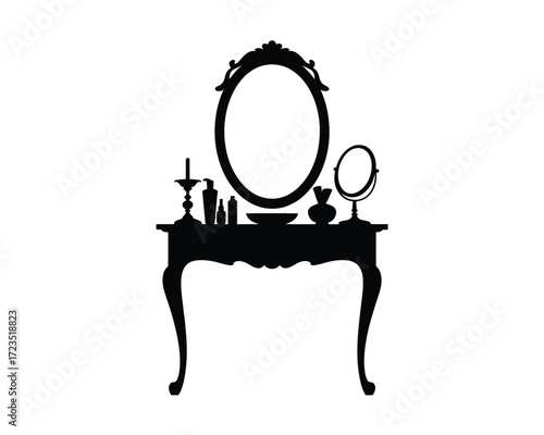 Elegant silhouette of an ornate vanity table with mirror and accessories vector illustration silhouette vector illustration white background