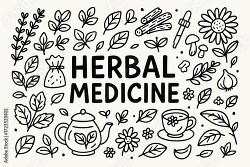 Herbal medicine outline icon set. natural remedies, plants, holistic health icons.