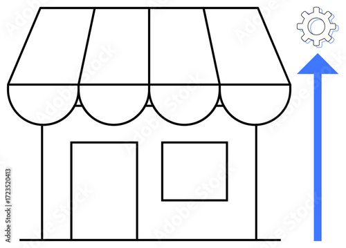 Small shop facade with blue upward arrow and gear suggesting business growth, innovation, and progress. Ideal for entrepreneurship, strategy, startups, marketing, retail, improvement development