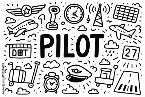 Aviation and pilot icon set. doodle-style outline icons for aviation themed projects