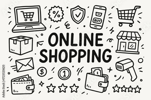 Online shopping line icon set. e-commerce, retail, technology line art collection