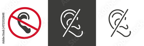 flat and linear set icons, hearing disability icon, no hear or mute, deaf ear, simple symbols on white and black background - editable stroke vector illustration