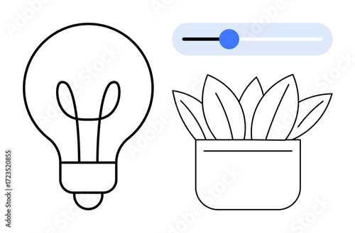 Lightbulb for creativity, potted plant for growth, and slider indicate adjustment or personalization. Ideal for innovation, sustainability, creativity, growth, customization, balance and design