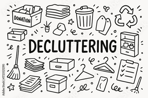 Decluttering linear icon set: organize, clean, minimalist home icons collection