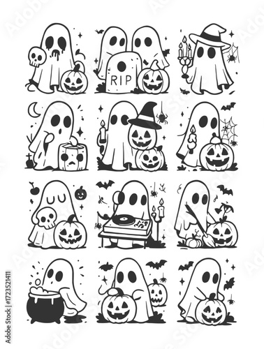 Cute Halloween ghost icons with different expressions and costumes.