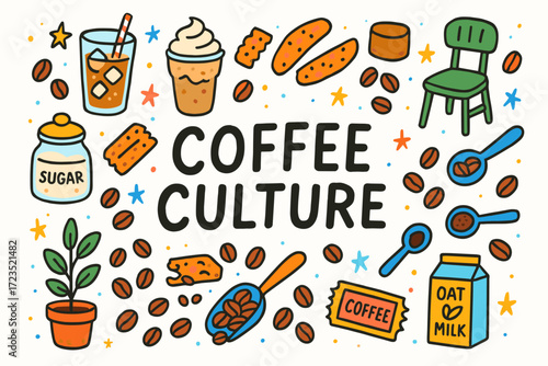 Coffee culture flat icon set. cafe, food, drink, lifestyle, and brewing icons collection.