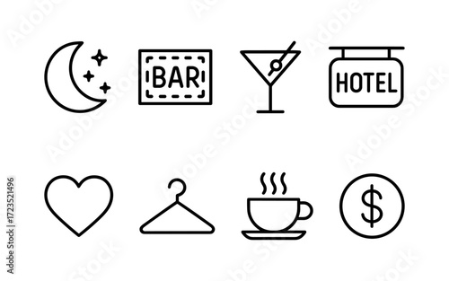 Hotel and hospitality icons set. Bar, cocktail, coffee, hanger, heart, money and moon. Outline vector illustrations