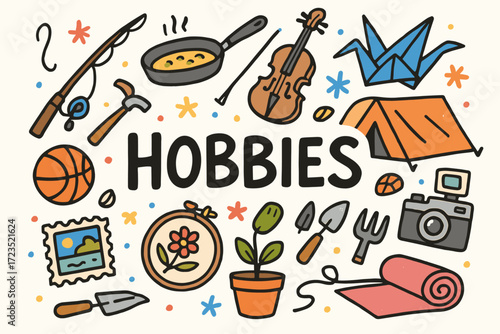 Hobbies flat icon set. diverse leisure and hobby symbols in flat style collection