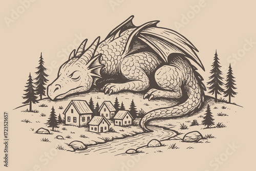 Fantasy dragon sleeping peacefully in forest near small houses, mythical hand-drawn art.