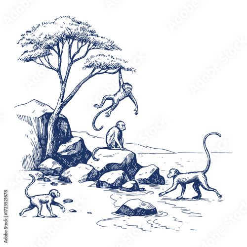 Group of monkeys playing and climbing around a tree in a savanna-like landscape.