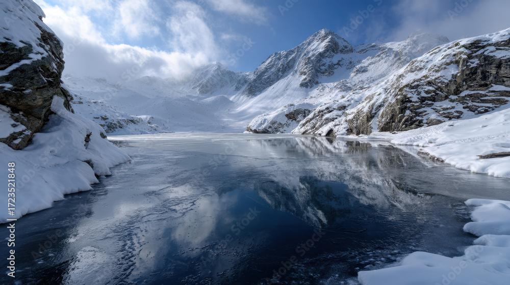 Obraz premium Snowy Mountain Lake Landscape – Winter Nature Scenic View