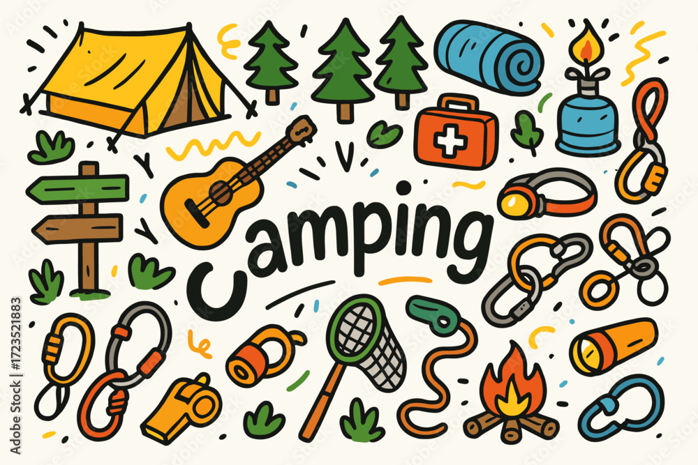 Fototapeta premium Camping adventure icon set: outdoor, equipment, activities collection, flat style