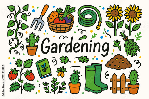 Gardening outline icon set. plant care, tools, harvest outline icons collection