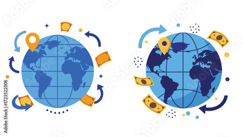 Globe with location pin arrows and currency notes symbolizing worldwide business presence and global trade