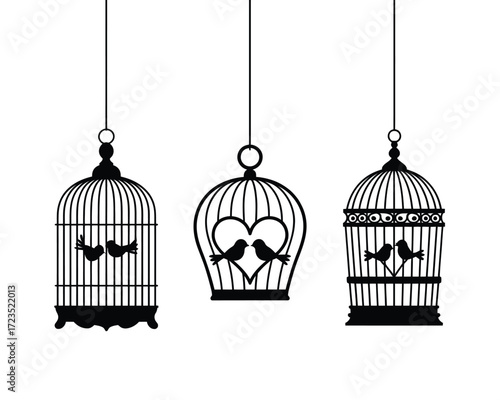 Decorative vector silhouettes of three hanging bird cages with birds and hearts silhouette vector illustration white background