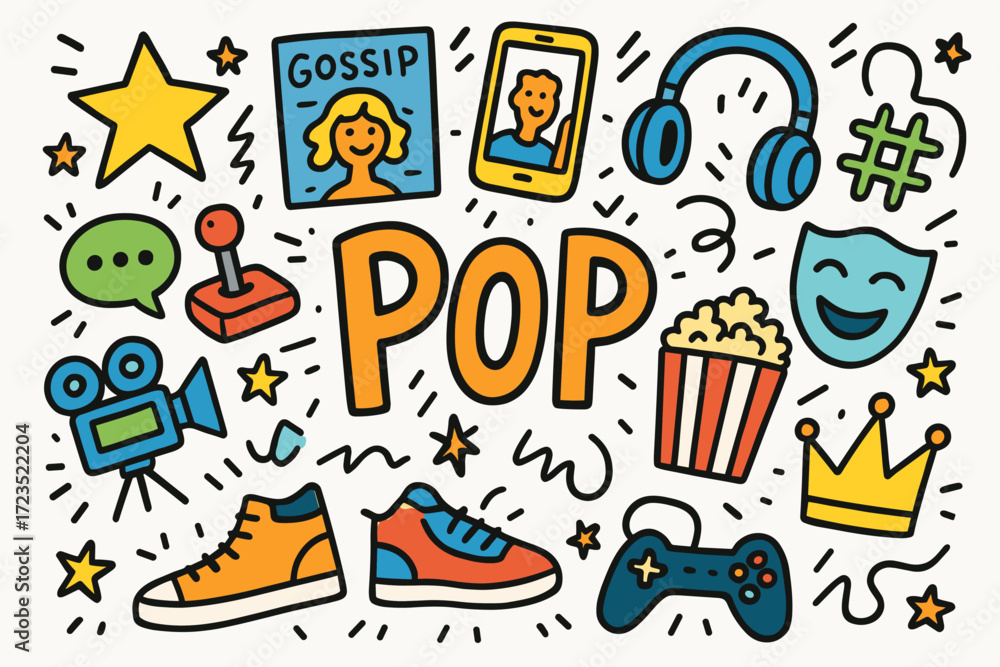 Fototapeta premium Pop culture doodle icon set. fun, entertainment, social media line icons collection