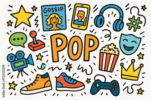 Pop culture doodle icon set. fun, entertainment, social media line icons collection