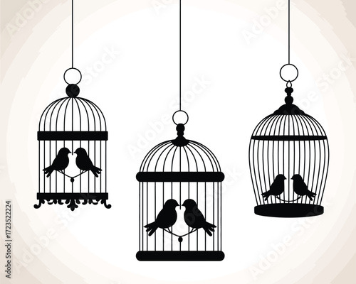 Three decorative silhouette bird cages with pairs of birds vector illustration silhouette vector illustration white background