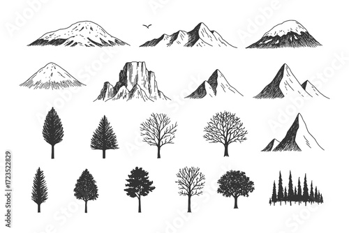 Collection of mountain peaks and tree silhouettes in vintage hand-drawn illustration style.
