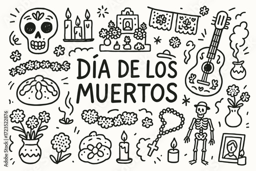 Day of the dead outline icon set. traditional mexican holiday symbols in line style