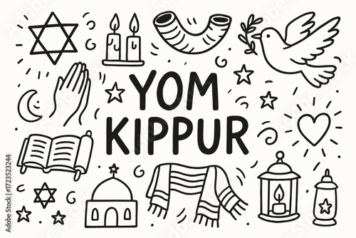 Yom kippur silhouette icon set: jewish holiday, fasting, atonement, prayer symbols