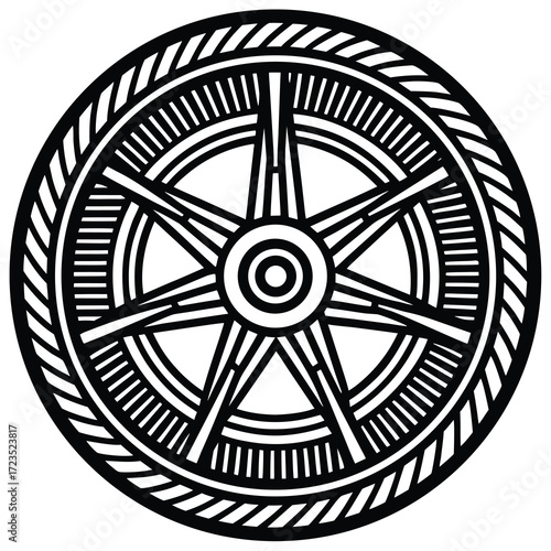 Minimalist single motorcycle wheel line art design with spoke detail and clean edges