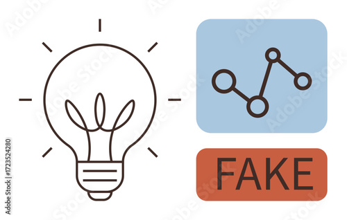 Lightbulb symbolizing innovation, graph representing data, and Fake label emphasizing misinformation. Ideal for creativity, technology, analytics, deception awareness, innovation, education simple