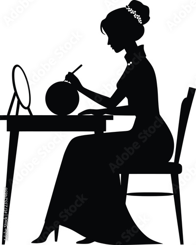 Elegant woman applying makeup at dressing table silhouette vector