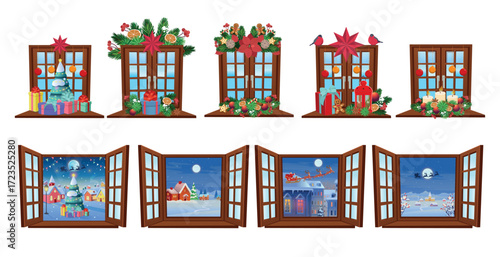 Set of wooden vector windows. Open and closed window. Set of closed windows decorated for Christmas. Christmas tree, lanterns, cones, gifts. Christmas party. Set of decorations vector.
